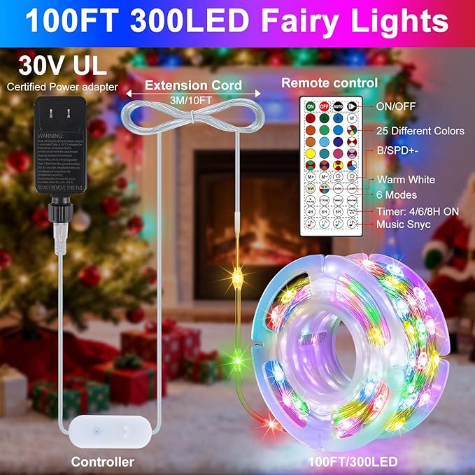 OMIKA 100FT 300 LED Fairy Lights Plug in, Smart String Lights with APP & Remote Control DIY Music Sync, Warm White & Color Changing Christmas Lights for Outdoor Indoor Bedroom Party Dorm Decoration
