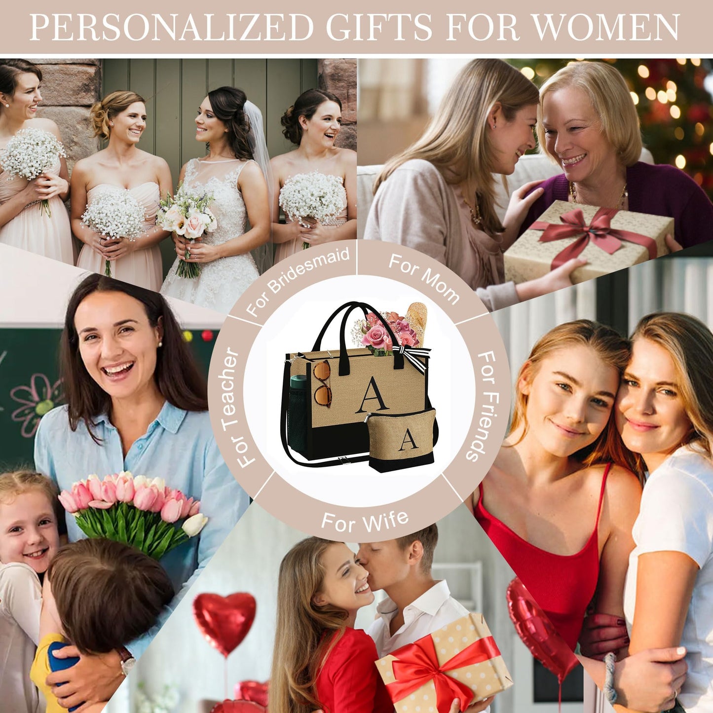 YOOLIFE Mom Birthday Gifts for Women, Personalized Best Friend Birthday Gift for Her Wife Sister Teacher Mom Gift, Personalized Initial Beach Bag, Gifts for Female - Initial J Tote Bag for Women