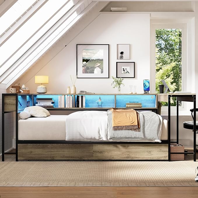 Twin Corner Bed Frame with Desk and Storage Bookcase, L- Shaped Daybed with 2 Drawers, LED Lights & 2 Charging Station, Modern Metal Twin Size Platform Bed for Kids/Teen Bedroom, Brown