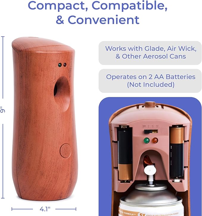 Automatic Air Freshener Spray Dispenser: Automatic Spray Dispenser with Elegant Wood Design for Commercial or Home Use (2-Pack), Battery Powered Free Standing or Wall Air freshener, Three Time Release