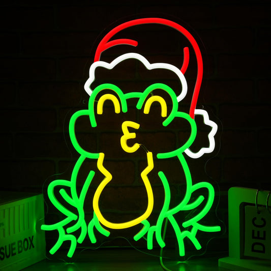 LIUOZHTEA Merry Christmas Neon Sign with Santa Hat Neon Frog Light Sign for Wall Decor Christmas Party New Year Bar Bedroom Shop Window USB Powered (16.5 * 11.8in)