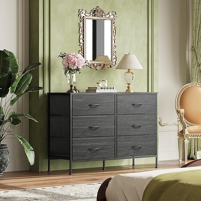 WLIVE 6 Drawer Dresser for Bedroom, Wide Fabric Dresser TV Stand for 50 Inches TV with Metal Frame, Wooden Top, Chest of Drawers, Dressers for Living Room, Hallway, Charcoal Black Wood Grain Print