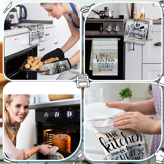 Sratte 6 Pcs Kitchen Decor Accessories Set Farmhouse Towels Pot Holders Oven Mitts Set 2 Dish Towels 2 Potholders 2 Cooking Mittens Oven Glove for Christmas Baking Cooking Supply(Brown Green,Kitchen)