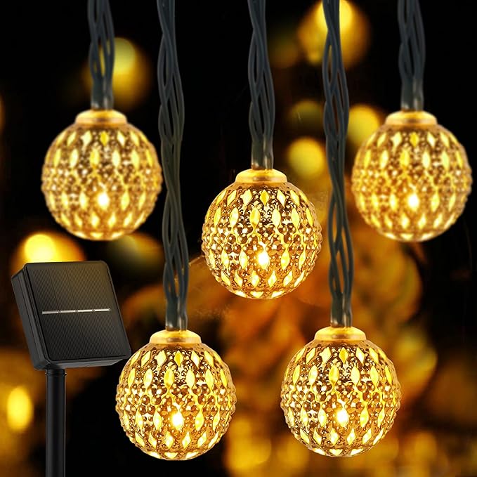 Solar Moroccan String Lights Outdoor 60 LED 36 Ft Globe Fairy Lights with 8 Lighting Modes, Waterproof Solar Powered String Lights for Garden Yard Gazebos Camping Party Holiday (Warm White)