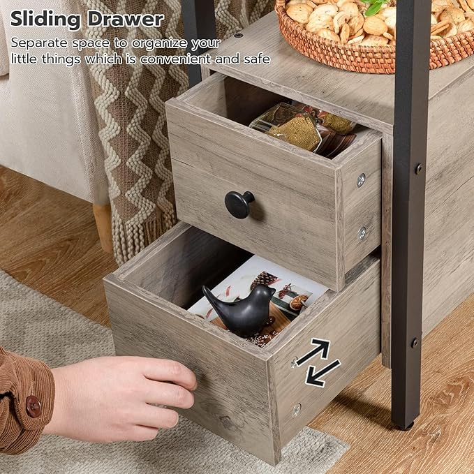 HOOBRO End Table with Charging Station, Narrow Side Table with 2 Drawers & USB Ports & Power Outlets, Nightstand for Small Spaces, Bedroom, Living Room, Stable and Sturdy, Greige and Black BG541BZ01