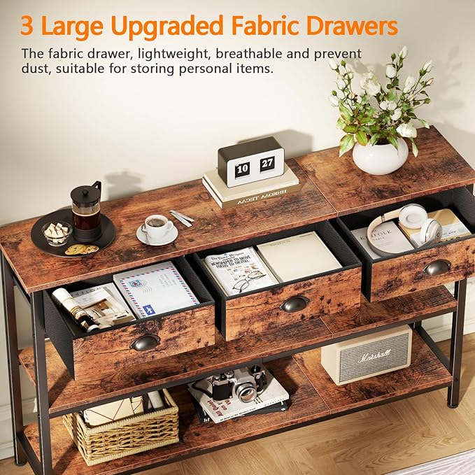 Furologee Long 47" Console Sofa Table with 3 Drawers, Entryway Table with 3-Tier Storage Shelves, Industrial Display Shelf for Entry Way, Hallway, Couch, Living Room, Kitchen, Foyer, Rustic Brown