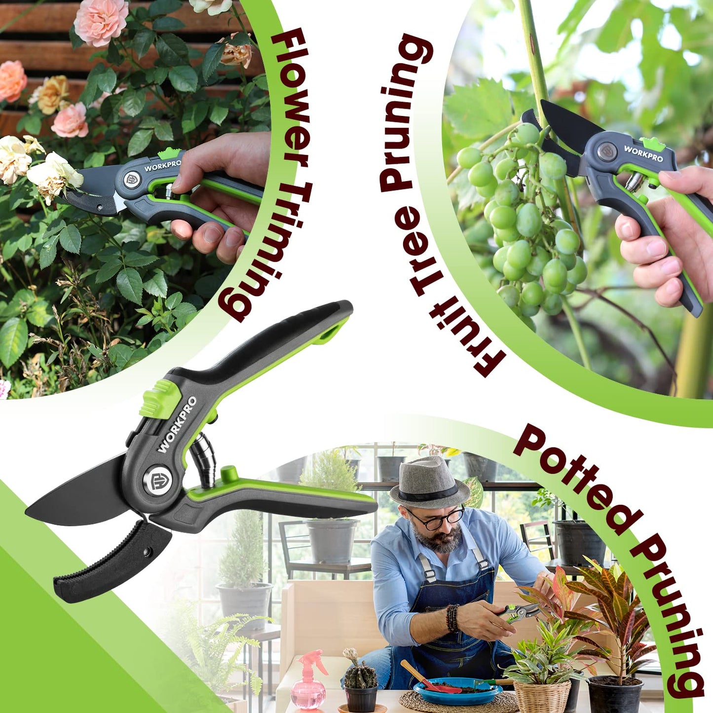 WORKPRO Anvil Pruning Shears, 8’’ Professional Gardening Hand Pruner with SK5 Steel Sharp Blades, Ideal Gardening Tool for Cutting and Trimming, Green