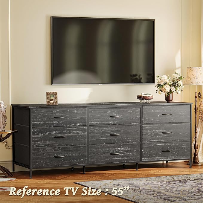 Huuger 63 Inch Dresser for Bedroom, Dresser for Closet with 9 Drawers, Large TV Stand for 55, 65, 70 Inch TV, Entertainment Center, Wide Long Chest of Drawers, Charcoal Black Wood Grain Print