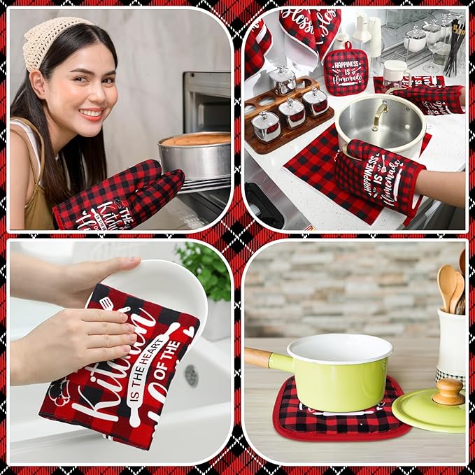 Fourluoo 10 Pcs Farmhouse Kitchen Decor and Accessories Set 4 Kitchen Towels 2 Pot Holders 2 Oven Mitts 2 Rugs for Cooking Baking Mom Housewarming Gifts(Red White,Classic Style)