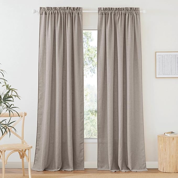 RYB HOME Privacy Sheer Curtains for Living Room, Linen Textured Semi Sheer for Bedroom Window Treatment Panels Light Glare Filtering, Birch Brown, Width 52 x Length 90 per Panel, 1 Pair