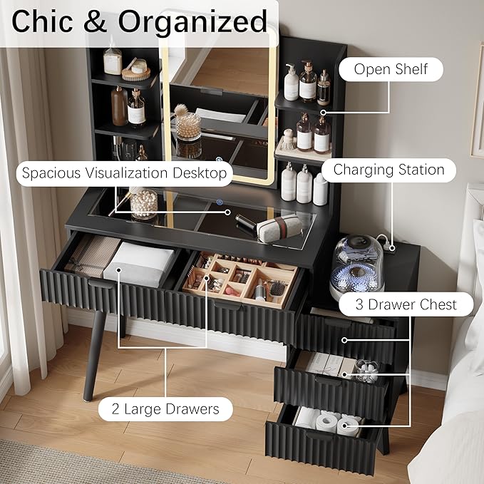 42'' Fluted Makeup Vanity Desk with LED Lights Mirror & Charging Station, Modern Glass Top Vanity Table with 5 Drawers & Open Shelves, Dressing Table for Bedroom, Living Room, Black