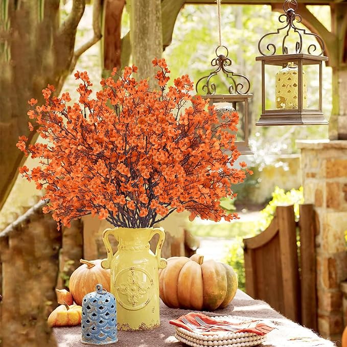Uieke 15Pcs Artificial Fall Flowers Babys Breath Flower Bulk Fake Orange Silk Flowers Artificial Gypsophila Bouquet Floral for Home Festival Wedding Party Décor