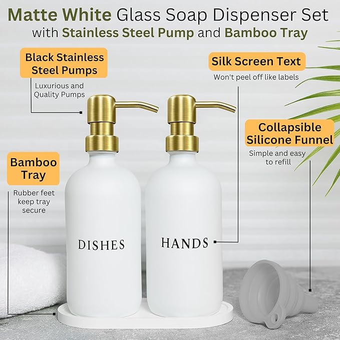 Glass Hand and Dish Soap Dispenser Set with Bamboo Tray – 16 oz Kitchen Soap Dispenser Set, Gold Pumps, Silicone Funnel – Modern Farmhouse Kitchen Sink Decor and Accessories