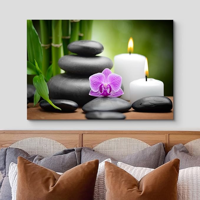 wall26 Canvas Print Wall Art Purple Orchid with Candles, Massage Stones & Bamboo Floral Nature Photography Realism Zen Scenic Relax/Calm Multicolor for Living Room, Bedroom, Bathroom, Office - 16"x24"