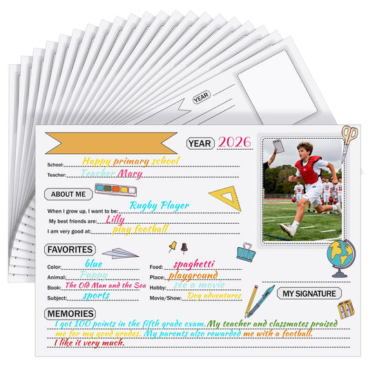 Motipuns 32 Sheets School Keepsake Organizer Papers, School Memory Questionnaire for Kids K-12, End of Year Keepsake Storage Papers, Student Info Record, Personal Growth Tracking, Classroom(Simple)