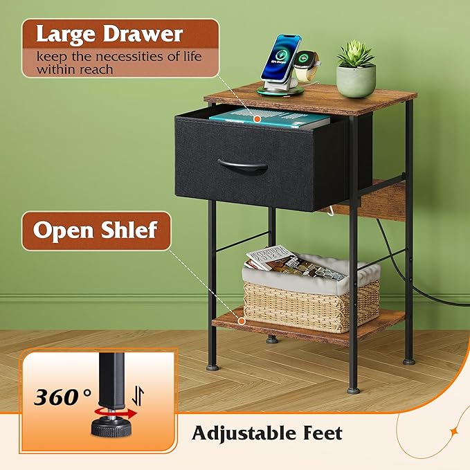 WLIVE Nightstand with Charging Station, Night Stand with 1 Fabric Drawer and Open Shelf, 25" H Bed Side Table for Bedroom, End Table, Small Dresser for Dorm, Entryway, Black and Rustic Brown