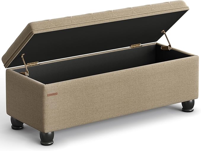 SONGMICS Storage Ottoman, Storage Bench, Tufted Entryway Bedroom Bench, 17.7 x 46.5 x 17.7 Inches, Hinges Easy Lid Operation, Wooden Legs, Linen-Look Cover, Loads 330 lb, Camel Brown ULOM070K01