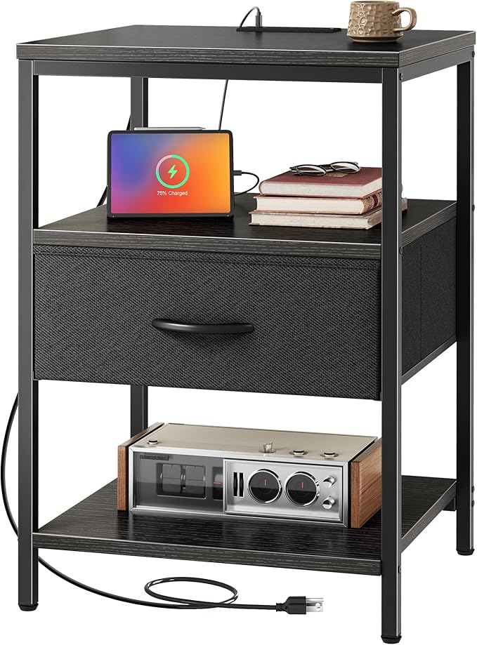 SUPERJARE Night Stand with Charger Station, 27.7 Inch Tall Nightstand with Adjustable Fabric Drawer, Bed Side Table, Fabric Drawer Dresser for Bedroom, Living Room, Black