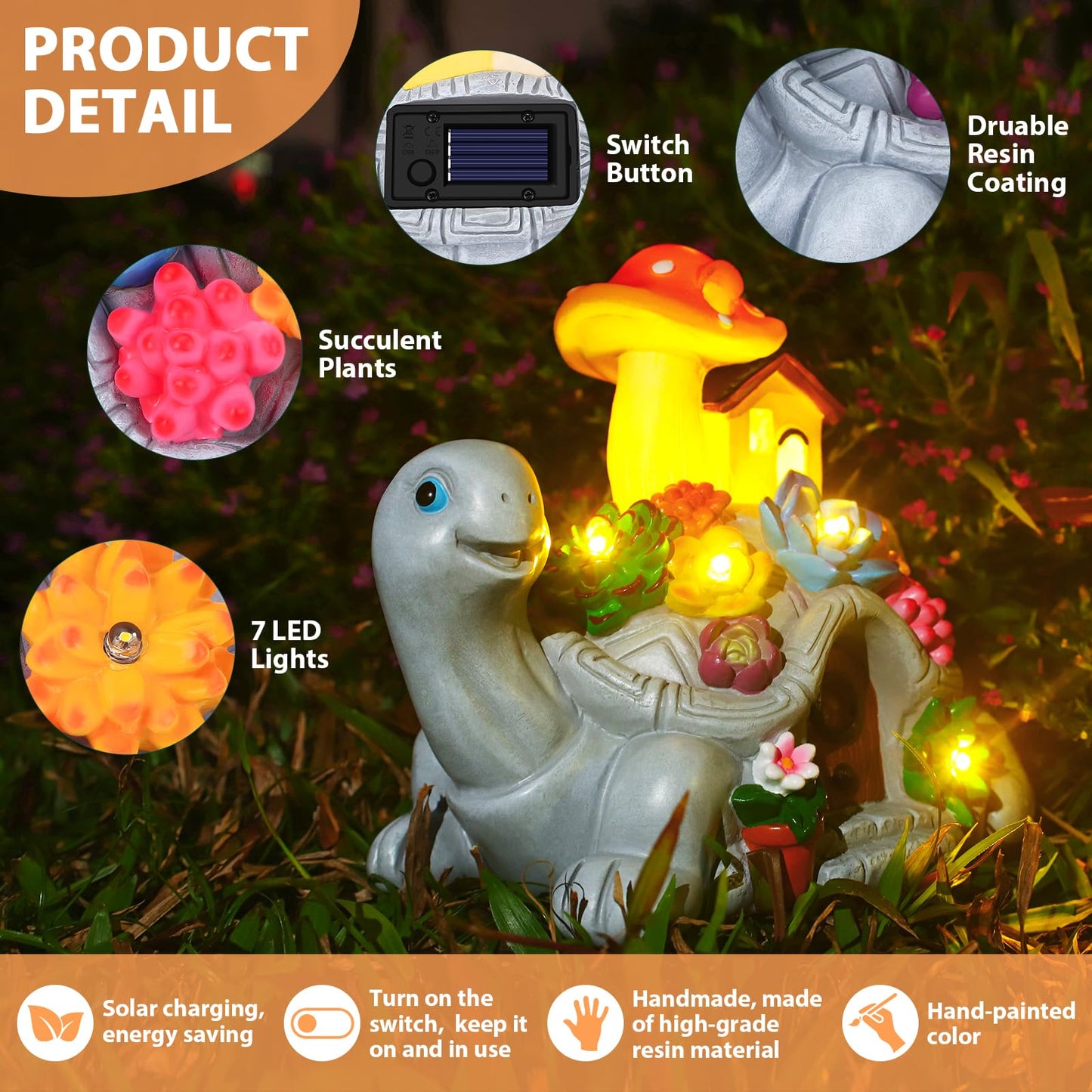Cikoube Solar Garden Turtle Statues with Succulentss and 7 LED Lights, Outdoor Garden Decor Turtle Figurine for Yard Lawn Patio Balcony Porch, Unique Birthday Gifts Housewarming for Mom Women
