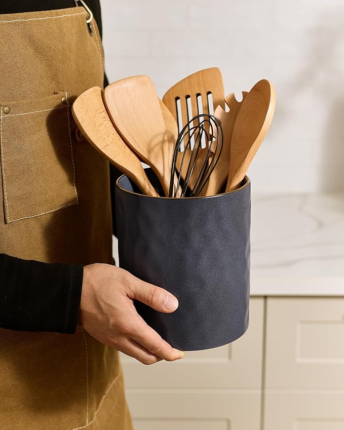 famiware Ocean Utensil Holder, 7.2"+5.8" Ceramic Kitchen Utensil Holder for Countertop, 2 Pieces Cooking Utensil Crocks, Utensil Organizer for Spatula & Spoon, Kitchen, Set of 2, Matte Dark Charcoal