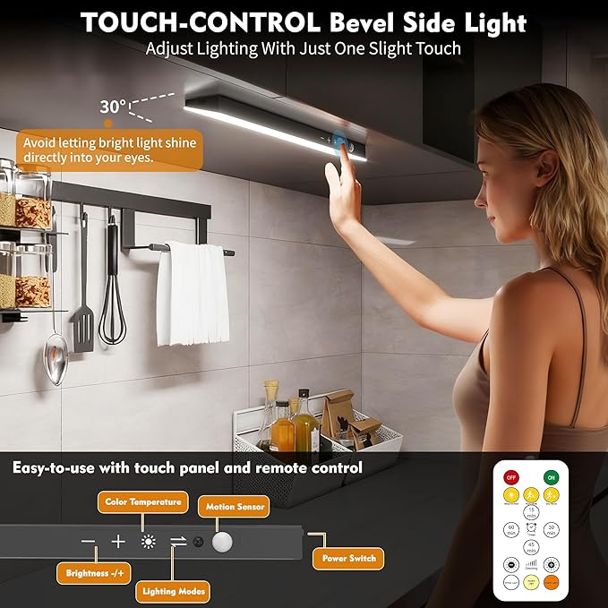 1Pack Touch Control Under Cabinet Lighting, 160LED Super Bright, 4000mAh Long-Lasting, Magnetic Rechargeable Motion Sensor Under Counter Lights for Kitchen, Closet, Remote, Dimmable, 3CC丨Black