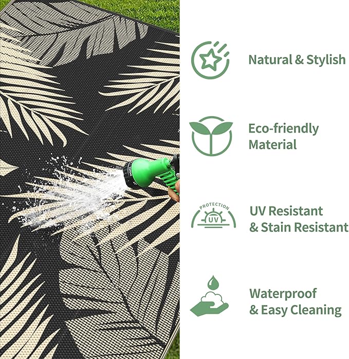 GENIMO Outdoor Rug 2.5' x 8' Waterproof for Patios Clearance, Reversible Outdoor Plastic Straw Camping Rug Carpet, Large Area Rugs Mats for RV, Camper, Deck, Balcony, Porch, Beach, Black&Beige