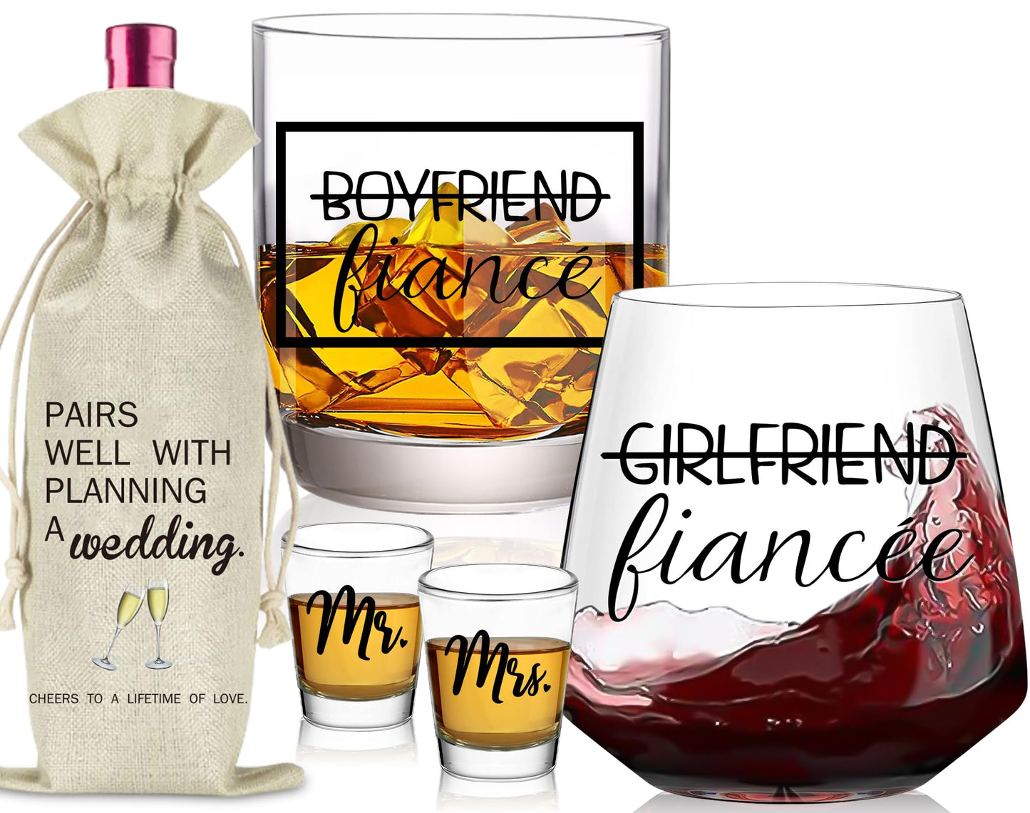 comfit Engagement Gifts for Newly Couples - Fiance Fiancee Gifts, Boyfriend & Girlfriend Wine and Whiskey Glass Set, Wedding Gift for bride and groom, Future Mr and Mrs Just Engaged Gift