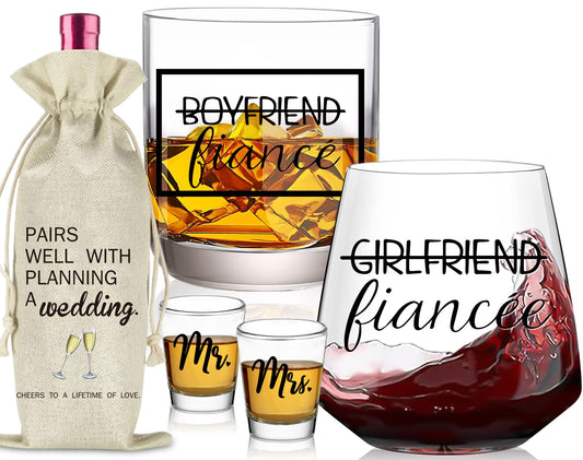 comfit Engagement Gifts for Newly Couples - Fiance Fiancee Gifts, Boyfriend & Girlfriend Wine and Whiskey Glass Set, Wedding Gift for bride and groom, Future Mr and Mrs Just Engaged Gift