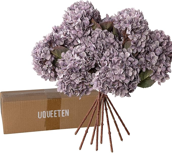 Artificial Flower Fake Silk Hydrangea Heads Bouquet With Stems Bulk for Fall Decoration Table Center Christmas Indoor Outdoor Faux Decorations Floral Realistic With Leaves Plants Craft(Grayish Purple)