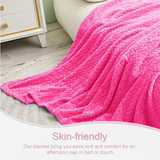 Exclusivo Mezcla Fleece Throw Blanket for Couch, 50x70 Inches Soft Cozy Jacquard Flannel Blankets, Lightweight Fuzzy Plush Warm Throws for Winter, Hot Pink