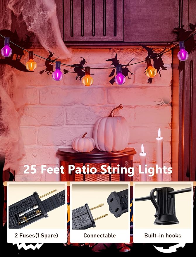 Abeja Halloween G40 LED String Light, Orange Purple Halloween Lights Outdoor with 27 LED Shatterproof Clear Lights Bulbs(2 Spare) for Patio Balcony Backyard Pergola Decor
