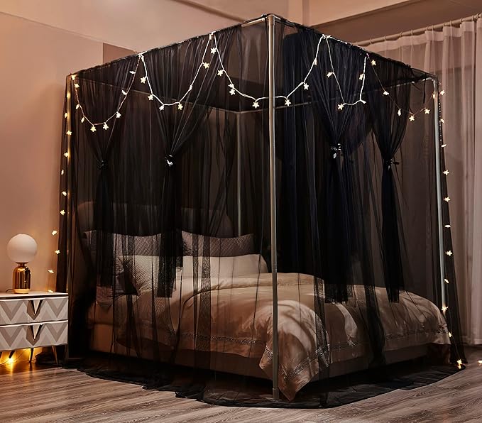 Mengersi Canopy Bed Curtains with Lights,Elegant Bed Canopy Bed Curtains Bed Netting for Single Twin Size Bed,Goth Room Decor