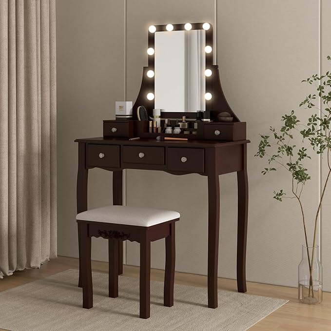 CHARMAID Vanity Desk with Mirror and Lights, Makeup Vanity Table with 5 Storage Drawers, 3 Color Lighting Modes, Adjustable Brightness, Modern Bedroom Dressing Table with Vanity Stool, Espresso