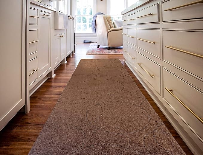 Custom Size Modern Geometric Pattern Carpet Runner Rug for Hallways, Slip Resistant Latex Rubber Backed, 31 inch Wide X Customized Length, Circles Brown, 31 inch X 22 feet
