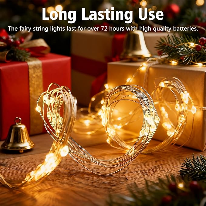 2 Pack Fairy Lights Battery Operated, 200 LED 66Ft Silver Wire Twinkle String Light 8 Modes Auto Timer Mini Christmas Fairy Lights for Bedroom Wedding Decor (Warm White)