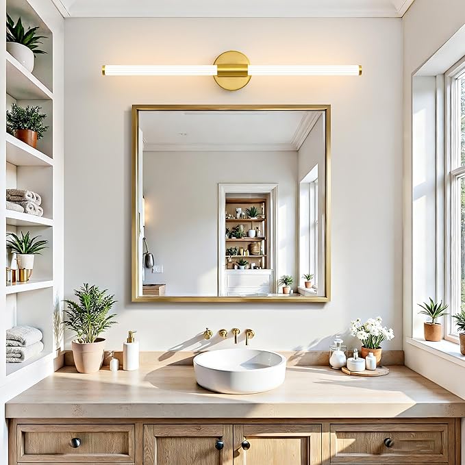 Dimmable LED Bathroom Vanity Lights 360° Full Lighting Bathroom Light Fixtures Over Mirror Vanity Light Bar Modern Wall Sconce Warm White for Bedroom Living Room Hardwired Gold, 30 inch