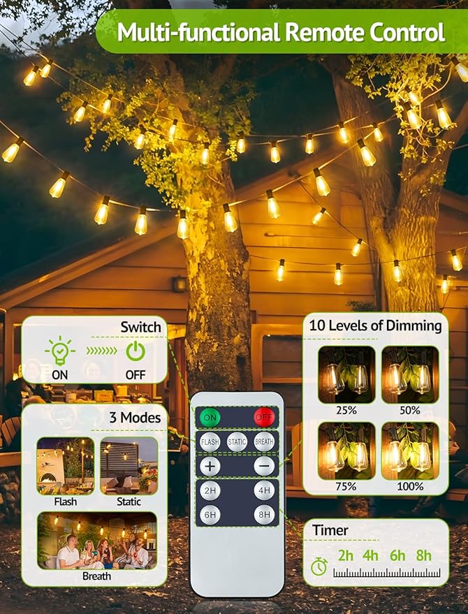 144FT(3x48FT) Solar Outdoor String Lights with Remote & Timer, Waterproof Dimmable Patio Lights with 45+3 ST38 LED Bulbs for Porch Party-Black