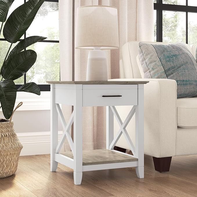 Bush Furniture Key West Small End Table with Storage | Modern Farmhouse Accent Shelf for Living Room in Pure White and Shiplap Gray