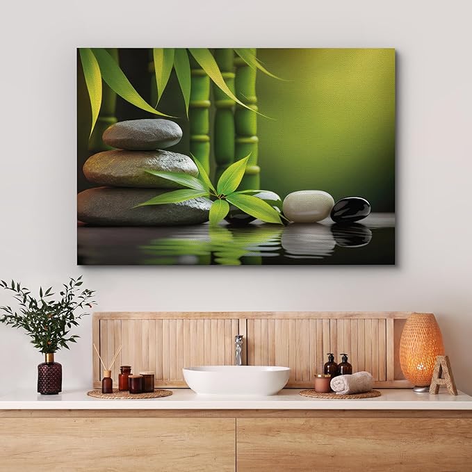 wall26 Canvas Print Wall Art Massage Stone Bamboo Leaf Nature Wilderness Photography Realism Modern Art Decorative Multicolor Rustic Minimal Relax/Calm/Cozy Colorful for Bedroom - 12"x18"