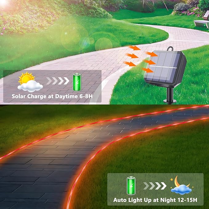 Solar Rope Lights, 66ft 200LED Solar String Lights, 8 Modes Waterproof Solar Powered Outdoor Light, Flexible Clear Tube Light for Garden Backyard Patio Deck Porch Pool Tree Christmas Decoration - Red
