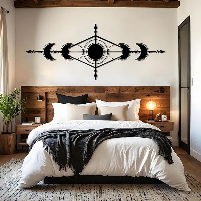Hfrolixit Moon Phase Metal Wall Decor, Boho Moon Metal Wall Art, Celestial Wall Decor, Scandinavian Natural Wall Art, Astrology Wall Hanging (Gold, 30"x12"/76x31cm)