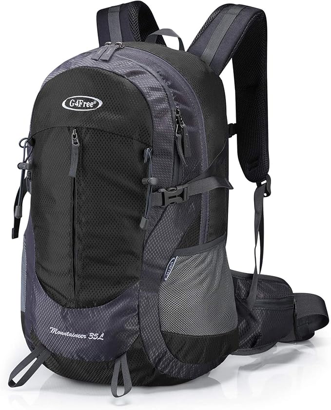 G4Free 35L Hiking Backpack Water Resistant Outdoor Sports Travel Daypack Lightweight with Rain Cover for Women Men (Black)