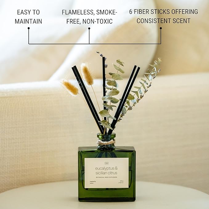 Craft & Kin Reed Diffuser with Dried Flowers | 5 oz Sicilian Citrus & Eucalyptus Scented Fall Reed Diffusers for Home, Bathroom | Scent Sticks | Elegant Fragrance Home Decor for Men & Women