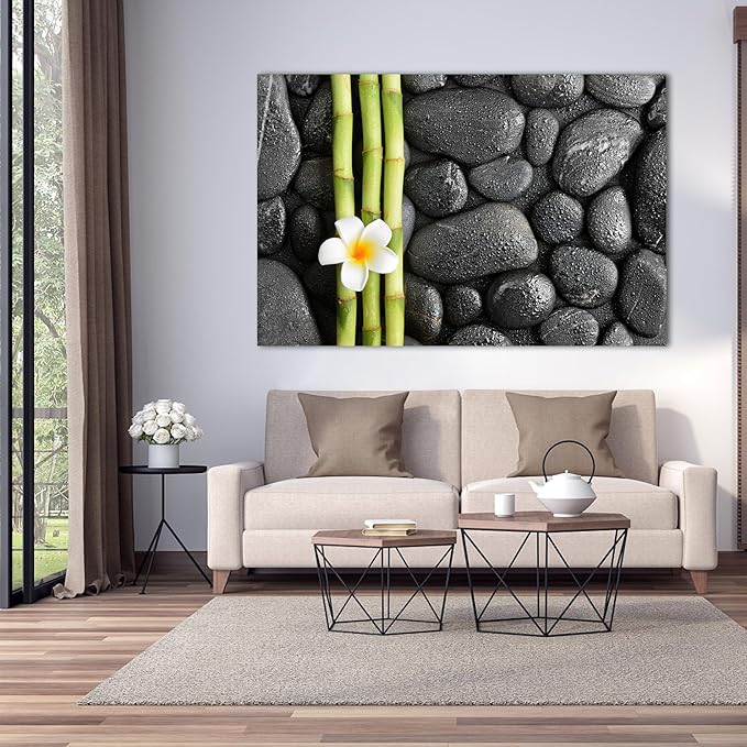 Zen Wall Art Decor, Modern Bathroom Zen Decor Wall Art, Canvas Wall Art for Spa Zen Room Decor, Green Bamboo Forest and Black Pebble Relaxing Art Prints for Office & Spa Wall Decor 32x48 Inches
