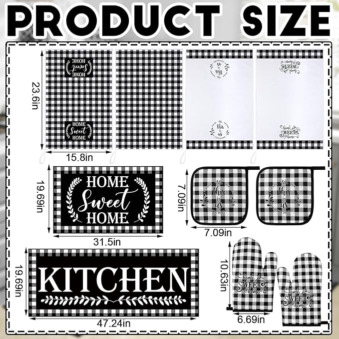 Fourluoo 10 Pcs Kitchen Set Kitchen Towels and Rugs Oven Mitts and Pot Holders Farmhouse Decor for Women Mom Gift Cooking Baking Grilling(White Black)