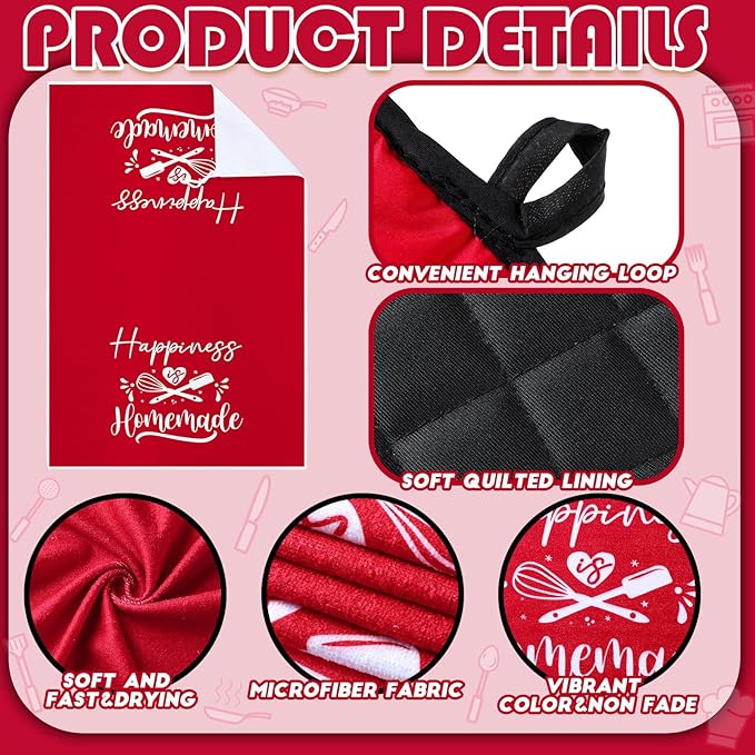 Sratte 6 Pcs Kitchen Decor Accessories Set Farmhouse Towels Pot Holders Oven Mitts Set 2 Dish Towels 2 Potholders 2 Cooking Mittens Oven Glove for Christmas Baking Cooking Supply(Red,Kitchen)