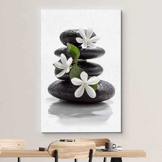 wall26 Canvas Print Wall Art Zen Dark Basalt Stones with Magnolia Blossoms Nature Floral Photography Realism Rustic Colorful Multicolor Ultra for Living Room, Bedroom, Office - 32"x48"