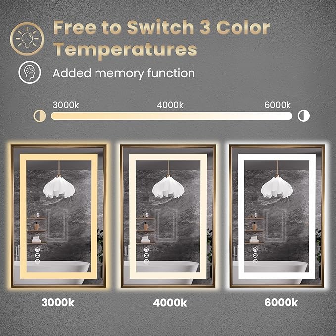 Amorho 60"x 40" LED Bathroom Mirror, Golden Metal Framed Mirror with Front Light and Backlit, Stepless Dimmable, Anti-Fog, Shatter-Proof, Memory, 3 Colors