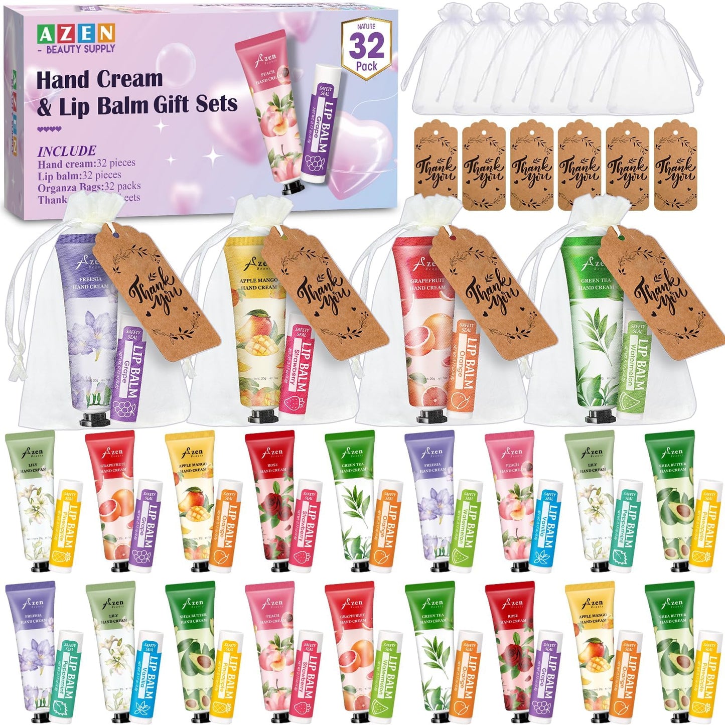 AZEN 32 Sets Bulk Gifts, Hand Cream and Lip Balm Bulk Set with Organza Bag Thank You Card, Baby Shower Wedding Gifts for Guests, Bridal Wedding Favors for Guests,Thank You Gifts for Women