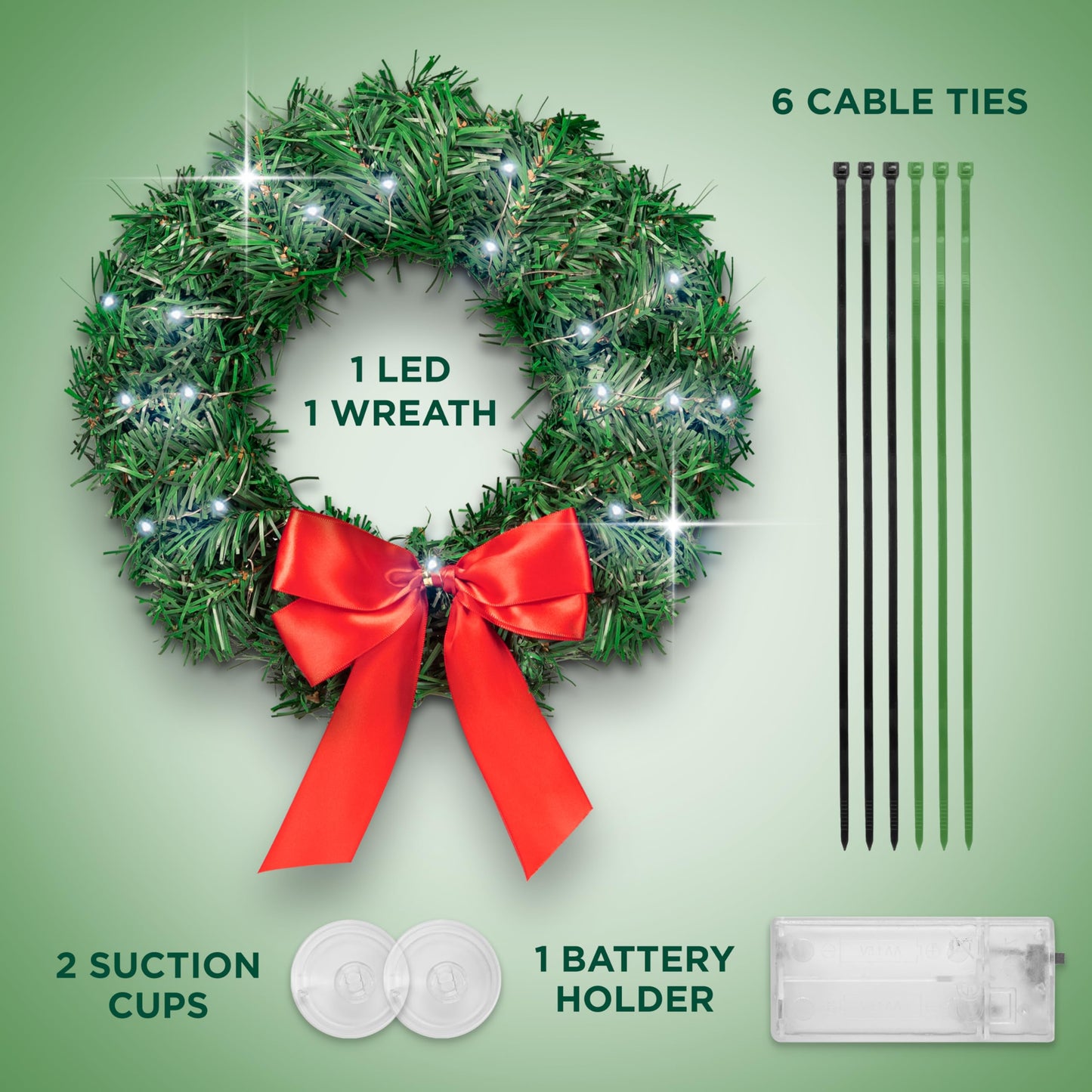 Carbella Christmas Wreath for Car Truck SUV Van, LED Light Up with Red Bow Decoration Ornament Mount Xmas Artificial Pine Water-Proof Winter Holiday Wreath Mounting Hardware Included (11" x 11"")"